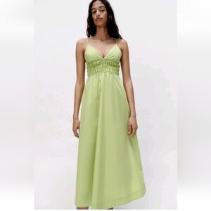 Zara Poplin Dress Smoked Waist With Pockets Neo Green Sleeveless Peasant Boho Sm
